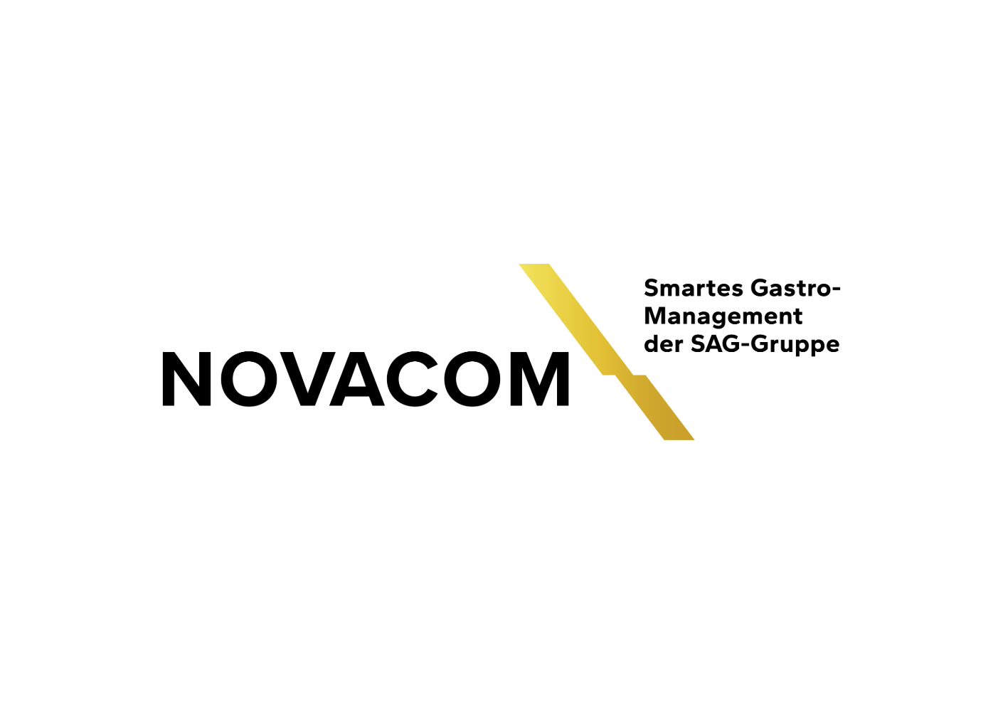 Firmenlogo von NOVACOM mit dem Slogan „Smartes Gastro-Management der SAG-Gruppe“, getrennt durch ein gelben, stilistischen Schlagbaum.