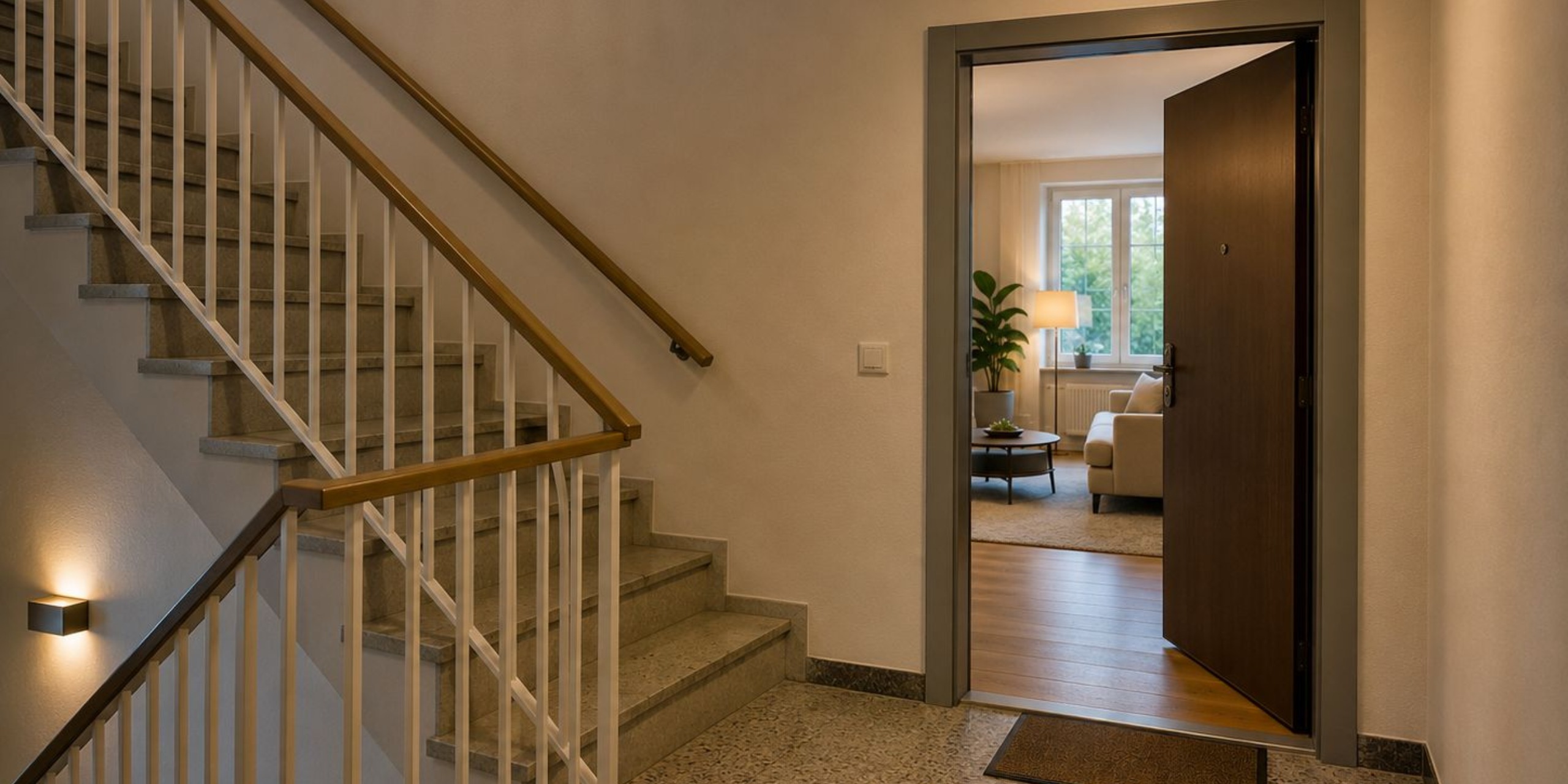 Flur eines Mehrfamilienhauses, mit einer offenstehenden Tür die einen kleinen Einblick in die Wohnung gibt.