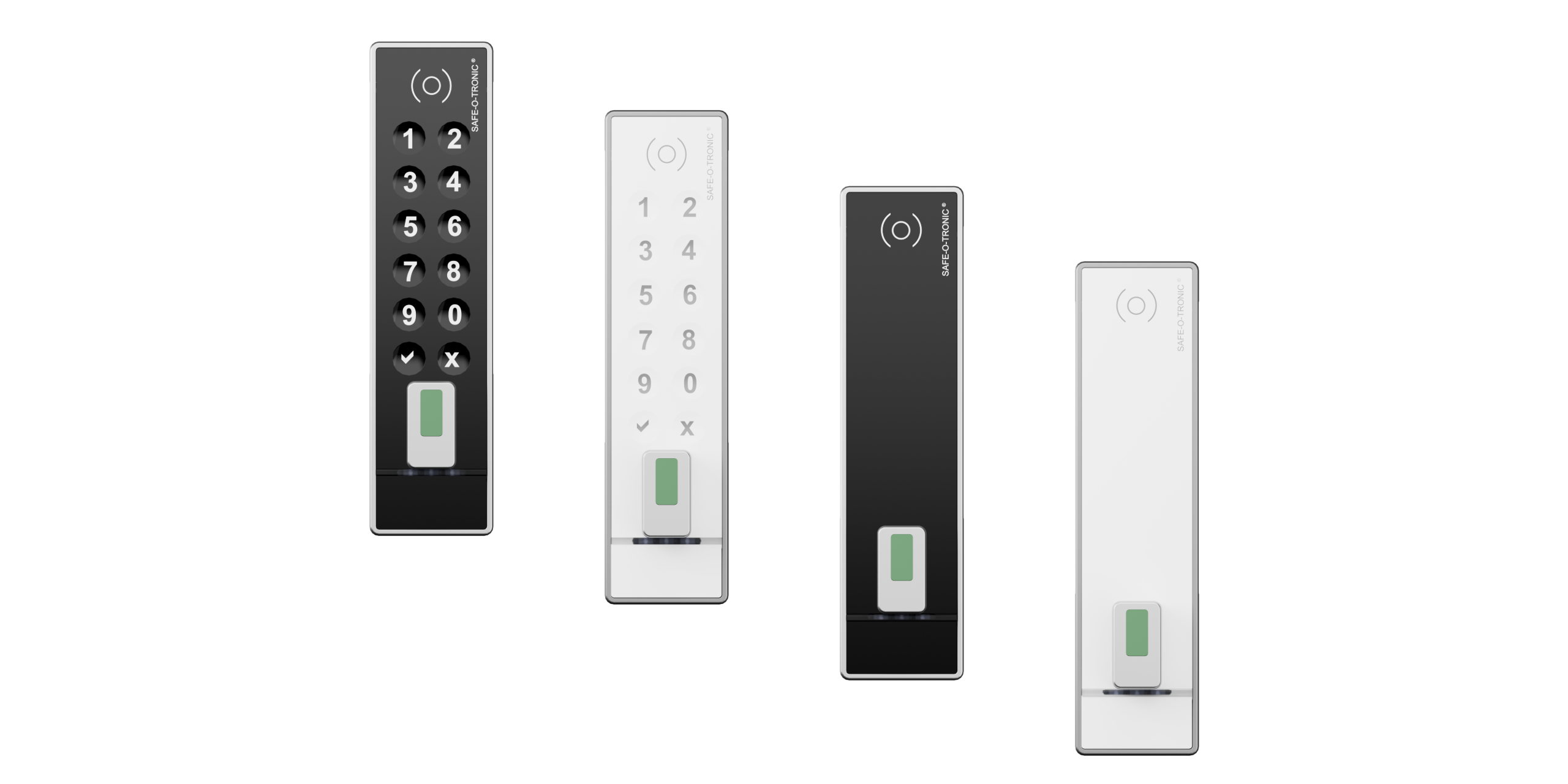4 Produktbilder Safe-O-Tronic LS Schlösser, Frontalansicht, mit Drehknopf, mit und ohne PIN-Pad, schwarz und weiß